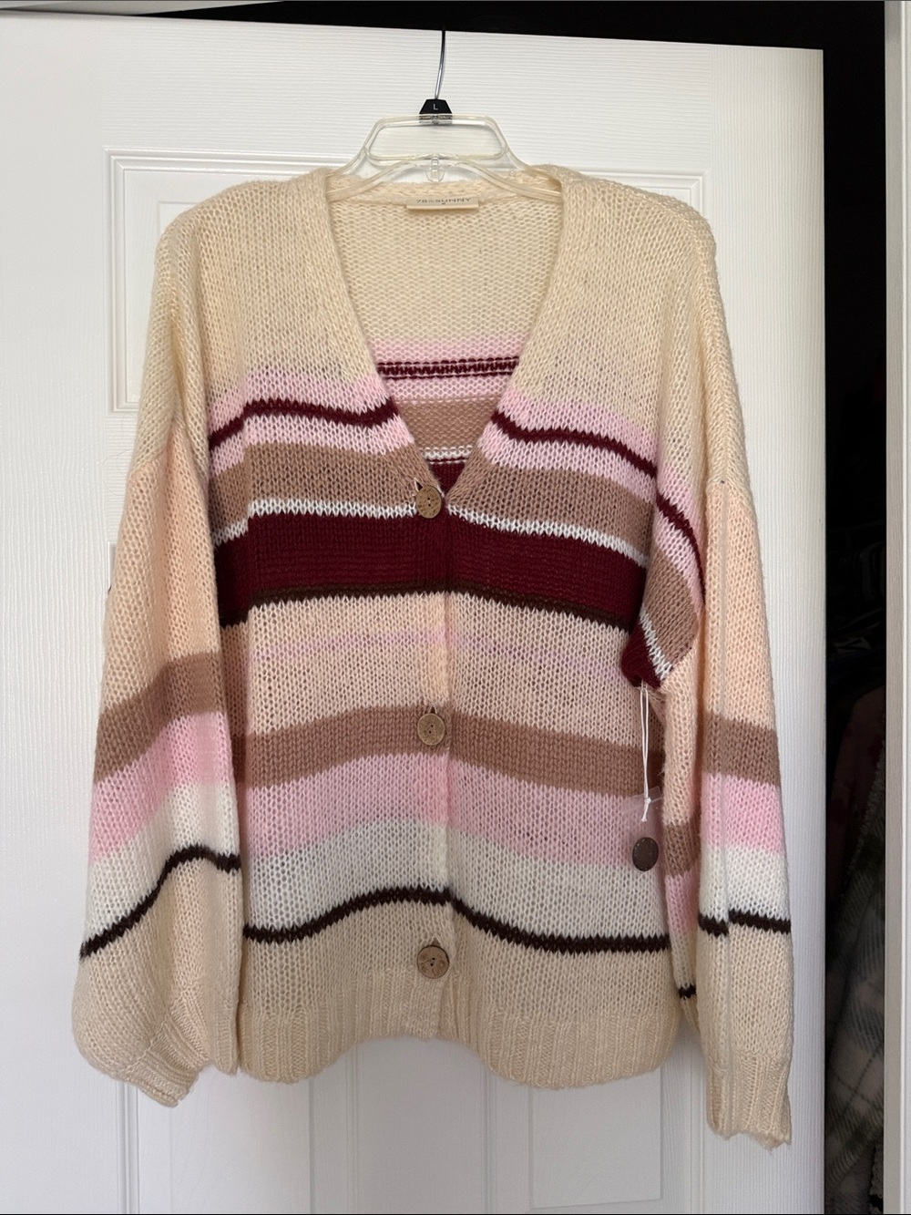 Striped V-Neck Button Cardigan - Cream, Pink & Burgundy